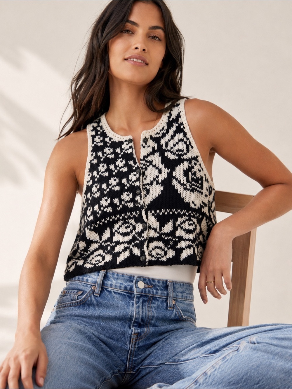 Free People Rosie Sweater Black White Cropped Knit Button Front Vest M